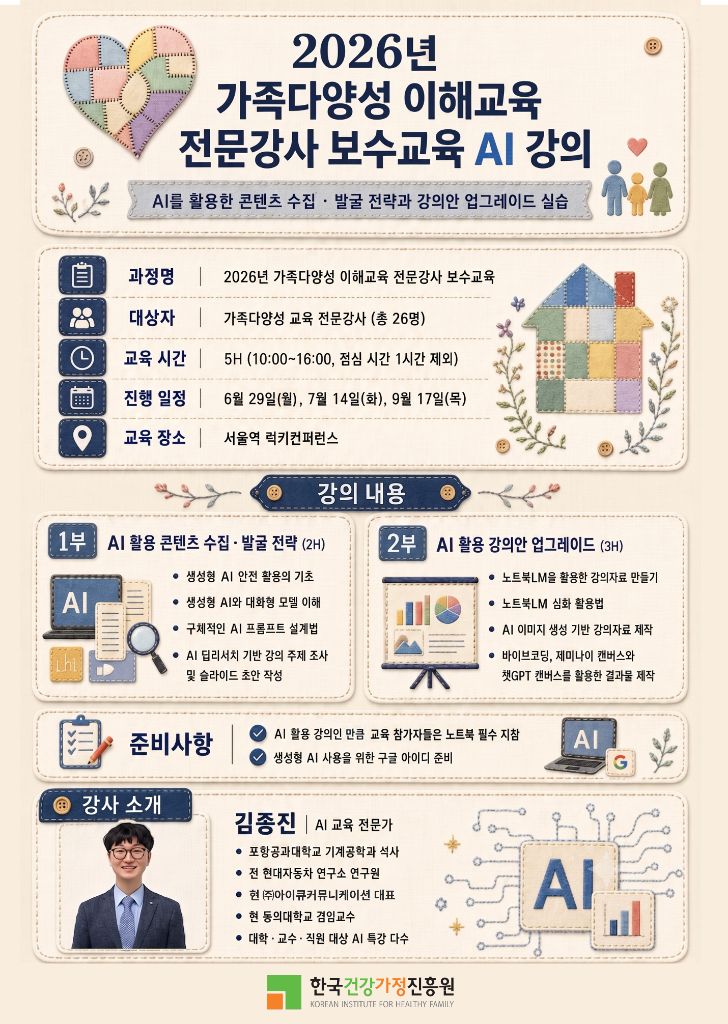 한국건강가정진흥원 전문강사 AI 콘텐츠·강의자료 제작 교육 포스터