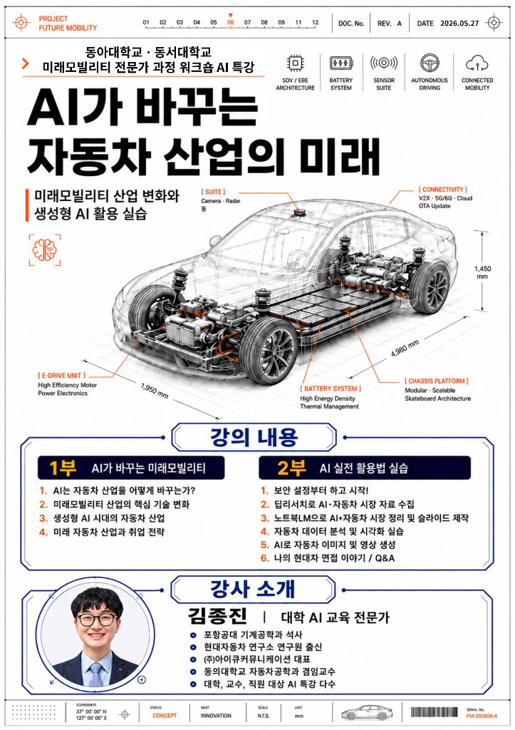 동아대 동서대 미래모빌리티 전문가 과정 AI가 바꾸는 자동차 산업의 미래 특강 포스터